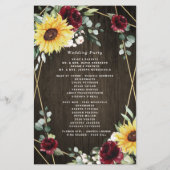 Zonnebloemen Burgundy Rozen Rustic Wedding Program (Achterkant)