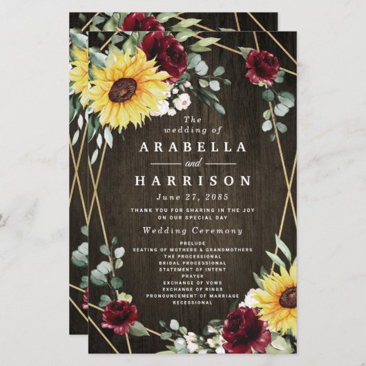 Zonnebloemen Burgundy Rozen Rustic Wedding Program (Voorkant / Achterkant)