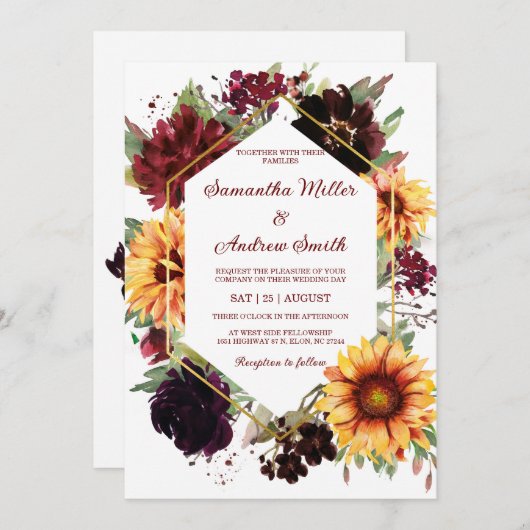 Zonnebloemen Burgundy Trouwontwerp Sjabloon Kaart (Voorkant / Achterkant)