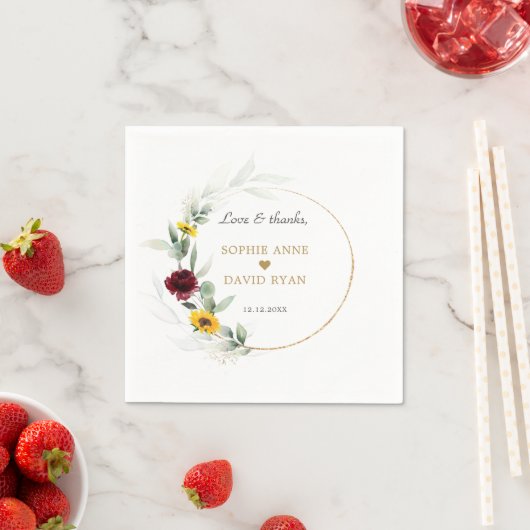 Zonnebloemen Burgundyrozen Goud Bruiloft   Servet (Insitu)