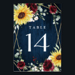 Zonnebloemen Burgundyrozen Navy Geometrische Huwel Kaart<br><div class="desc">Het ontwerp heeft een gedrukte donker marineblauwe houtnerf achtergrond met een geometrisch gouden kader dat is versierd met bordeauxrode rozen,  blozende bloem elementen,  zonnebloemen,  groen en eucalyptus.</div>