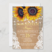 Zonnebloemen burlap en kant herfst zoet zestien kaart (Voorkant)