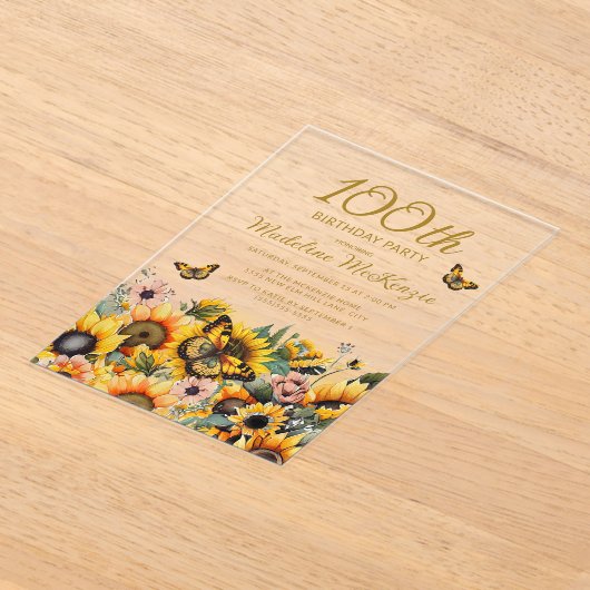 Zonnebloemen Butterflies 100e verjaardag Acryl Uitnodigingen (Laagn)