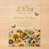 Zonnebloemen Butterflies 100e verjaardag Acryl Uitnodigingen (Voorkant)