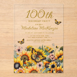 Zonnebloemen Butterflies 100e verjaardag Acryl Uitnodigingen