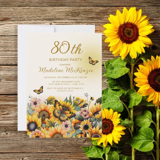 Zonnebloemen Butterflies 80e verjaardag Kaart
