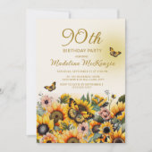 Zonnebloemen Butterflies 90th Birthday Party Kaart (Voorkant)