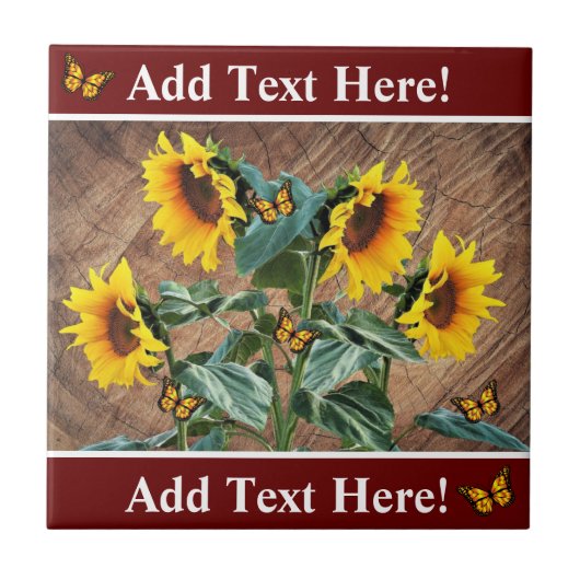 Zonnebloemen Butterflies Rustic Barn Board Ceramic Tegeltje (Voorkant)