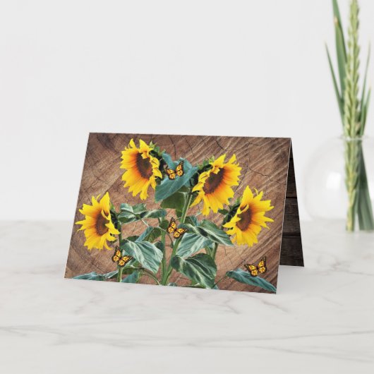 Zonnebloemen Butterflies Rustic Barn Board Note Ca Notitiekaartje (Voorkant)
