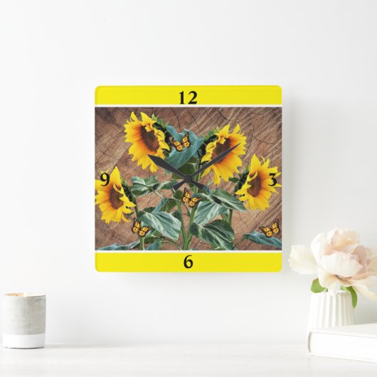 Zonnebloemen Butterflies Rustic Barn Board Square  Vierkante Klok (Huis)