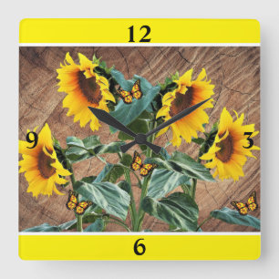 Zonnebloemen Butterflies Rustic Barn Board Square  Vierkante Klok