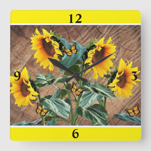 Zonnebloemen Butterflies Rustic Barn Board Square  Vierkante Klok (Voorkant)