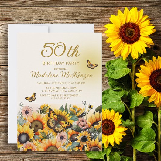 Zonnebloemen Butterflies Women's 50e verjaardag Kaart