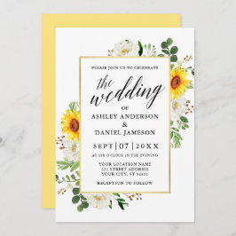 Zonnebloemen Calligrafie White Floral Wedding Kaart