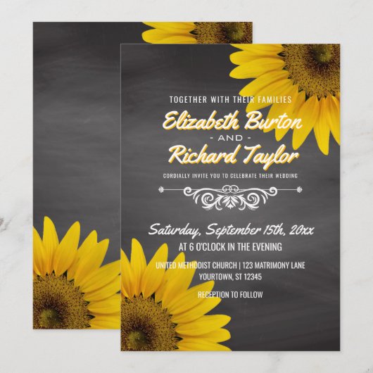 Zonnebloemen Chalkboard Rustic Country Wedding Kaart (Voorkant / Achterkant)