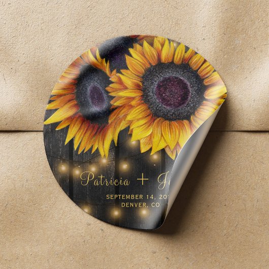 Zonnebloemen chique rustieke houten bruiloft envel ronde sticker