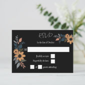 Zonnebloemen contrasteren zwarte bruiloft RSVP kaartje (Staand voorkant)