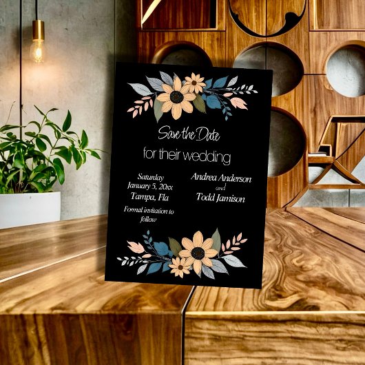 Zonnebloemen contrasteren zwarte bruiloft save the date