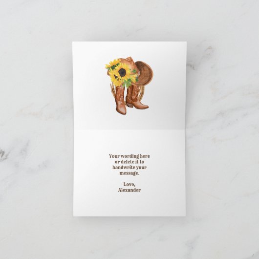 Zonnebloemen, Cowboy Boots, Pet en Lasso Bedankkaart (Binnen)