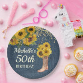 Zonnebloemen cowboylaarzen blauw denim 50ste verja papieren bordje (Feest)