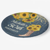 Zonnebloemen cowboylaarzen blauw denim 50ste verja papieren bordje (Gekanteld)