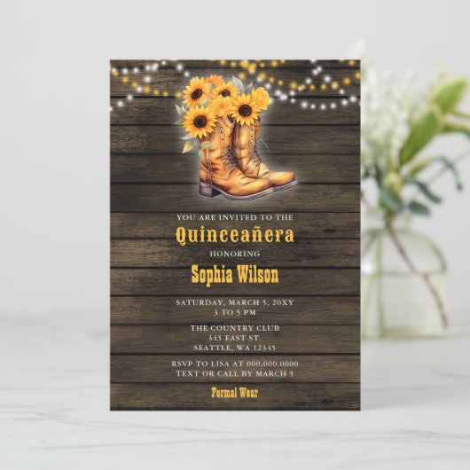 Zonnebloemen cowboylaarzen schuur hout quinceañera kaart (Staand voorkant)