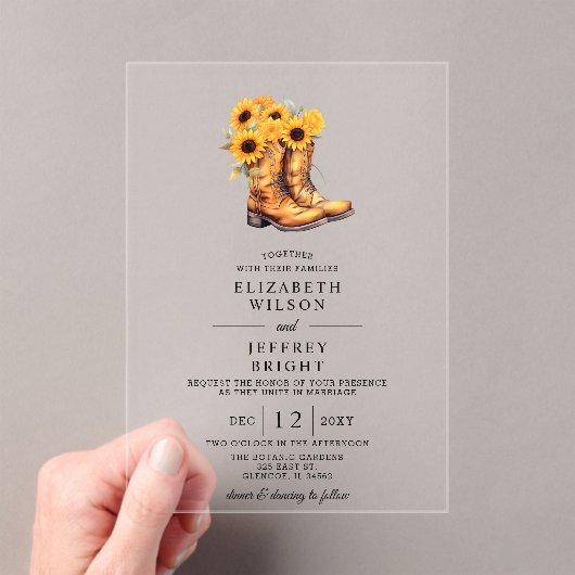 Zonnebloemen cowboylaarzen schuur hout Westerne br Acryl Uitnodigingen (Insitu (Draagbaar))