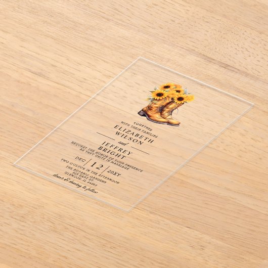 Zonnebloemen cowboylaarzen schuur hout Westerne br Acryl Uitnodigingen (Laagn)