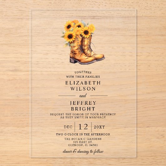 Zonnebloemen cowboylaarzen schuur hout Westerne br Acryl Uitnodigingen (Voorkant)