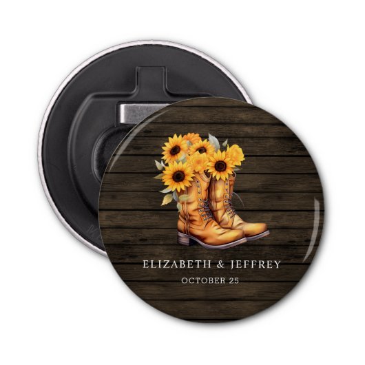 Zonnebloemen cowboylaarzen schuur hout Westerne br Button Flesopener (Voorkant)