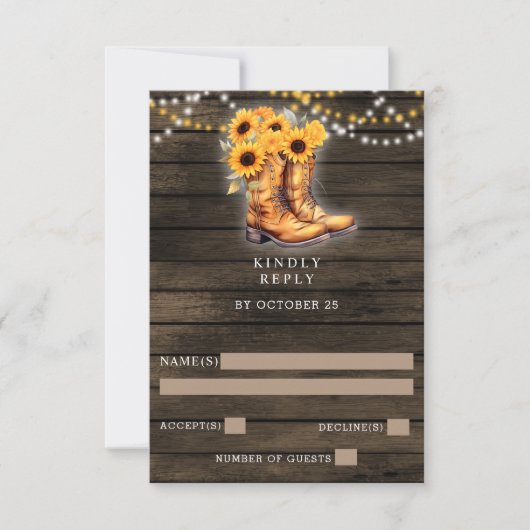 Zonnebloemen cowboylaarzen schuur hout Westerne br RSVP Kaartje (Voorkant)