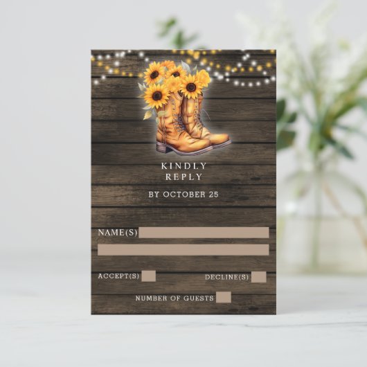 Zonnebloemen cowboylaarzen schuur hout Westerne br RSVP Kaartje (Staand voorkant)