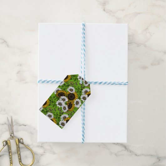 Zonnebloemen, dagboeien, zomertuin cadeaulabel (Met Touw)