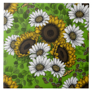 Zonnebloemen, dagboeien, zomertuin tegeltje