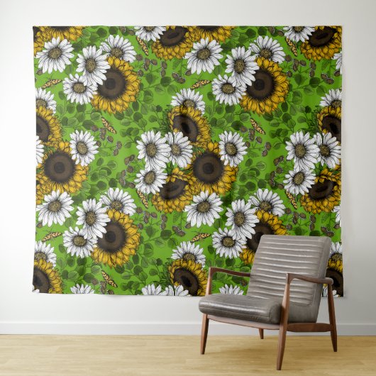 Zonnebloemen, dagboeien, zomertuin wandkleed (In Situ (horizontaal))