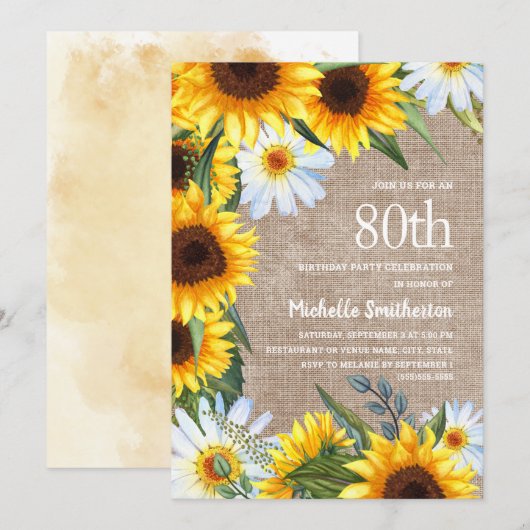 Zonnebloemen Daisies Burlap Land 80th Birthday Kaart (Voorkant / Achterkant)