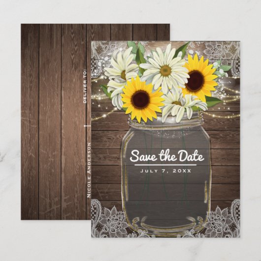 Zonnebloemen Daisies Mason Jar Sparkle Save the Da Aankondigingskaart (Voorkant / Achterkant)