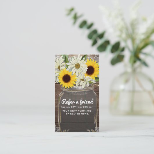 Zonnebloemen & Daisies Mason Jar Verwijs een vrien Aanbevelingskaartje (Staand voorkant)