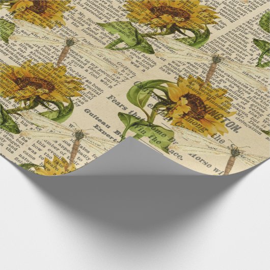 Zonnebloemen Dragonflies Old Newspaper Country Sty Cadeaupapier (Hoek)