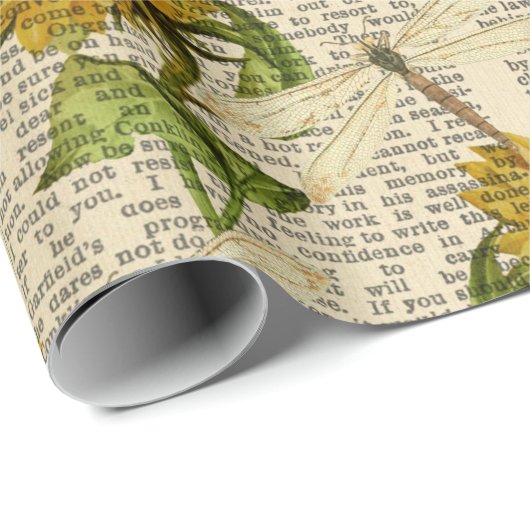 Zonnebloemen Dragonflies Old Newspaper Country Sty Cadeaupapier (Rol Hoek)