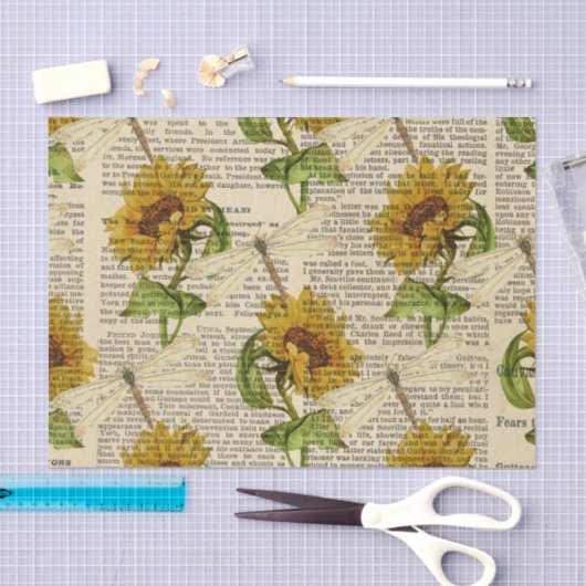 Zonnebloemen Dragonflies Old Newspaper Country Sty Tissuepapier (Craft)