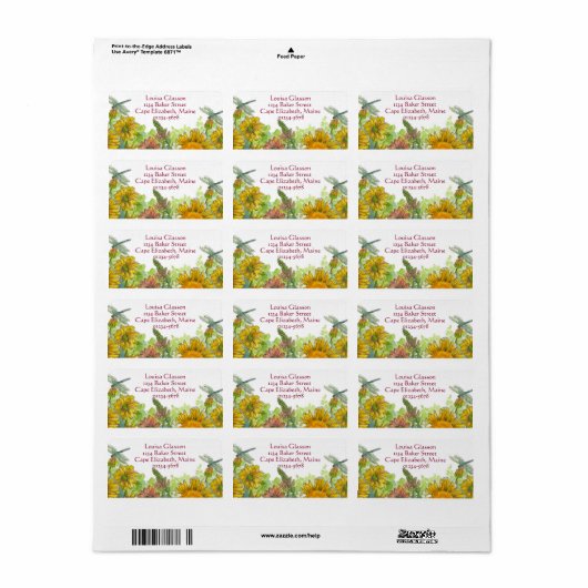 Zonnebloemen Dragonfly Yellow Waterverf Flowers Etiket (Full Sheet)