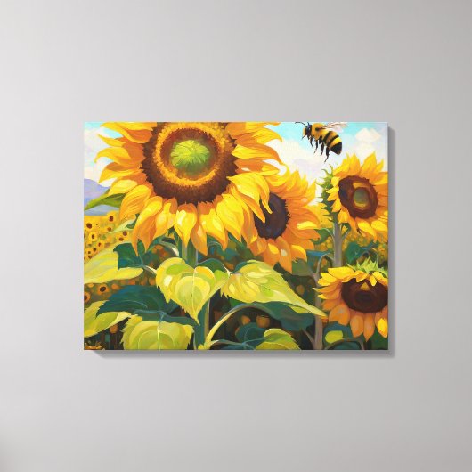 Zonnebloemen Drukke Bee Zomer Dag Schilderen Canvas Afdruk (Voorkant)