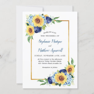 Zonnebloemen Dusty Blue Floral Gold Border Wedding Kaart