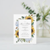 Zonnebloemen Dusty Blue Flowers Elegant Wedding Kaart (Staand voorkant)