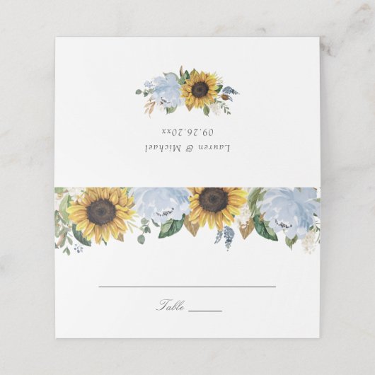 Zonnebloemen Dusty Blue Flowers Elegant Wedding Plaatskaartje (Buitenkant ongevouwen)
