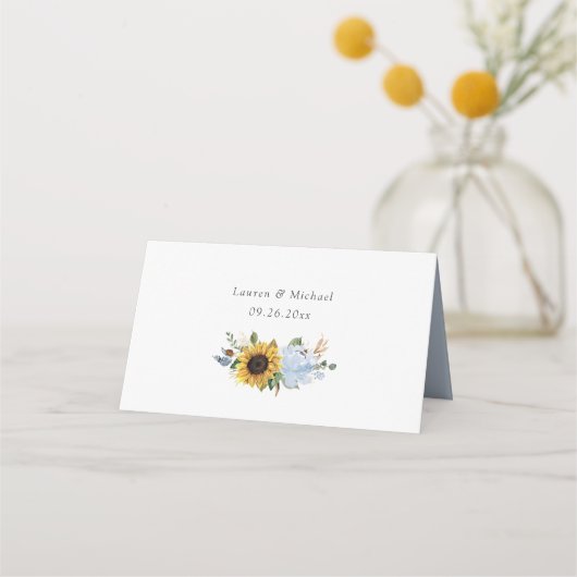 Zonnebloemen Dusty Blue Flowers Elegant Wedding Plaatskaartje (Achterkant)