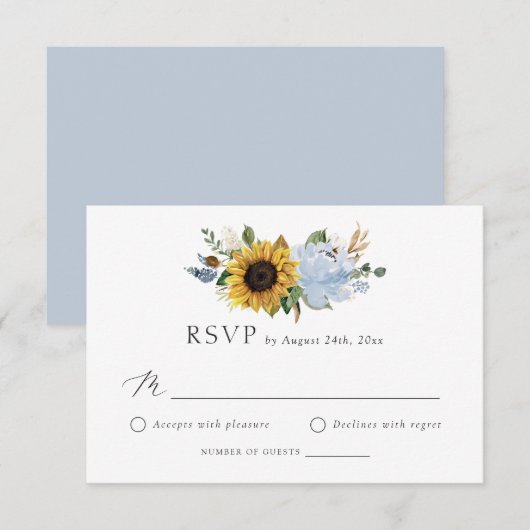 Zonnebloemen Dusty Blue Flowers Rustic Wedding RSV Kaart (Voorkant / Achterkant)