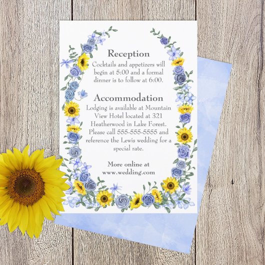 Zonnebloemen, Dusty Blue Roos Border Wedding Detai Informatiekaartje