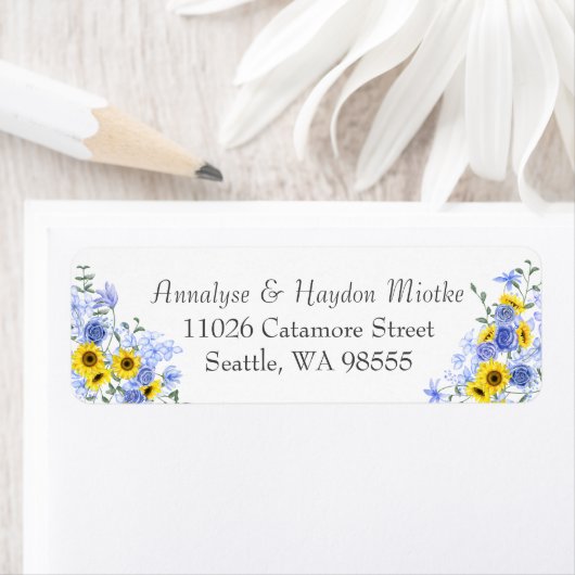 Zonnebloemen, Dusty Blue Rozen Adreslabel Etiket (Insitu)